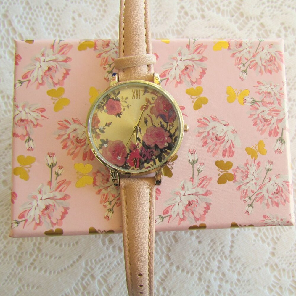 PINK WRIST WATCH, NEW ACCUTIME LADIES ROSE THEME, SECOND HAND, ROMAN NUMERALS - Picture 4 of 7